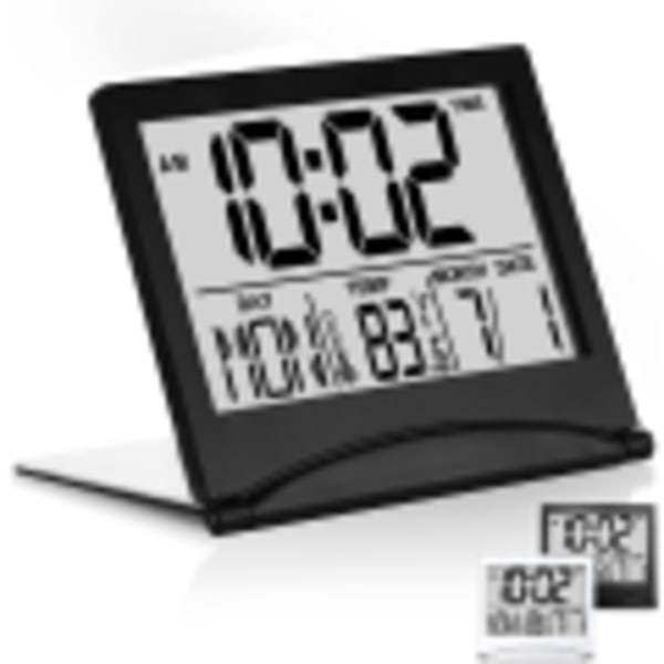 Digital Reseväckarklocka - Vikbar Kalender Temperatur Timer LCD-klocka med Snooze-läge - Stor Digital Display, Batteridriven Bordsklocka