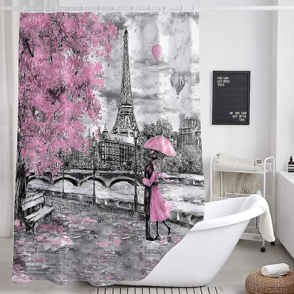 vaaleanpunainen ja harmaa paris kylpyhuoneen suihkuverho, vintage eiffel-tornikankainen suihkuverho