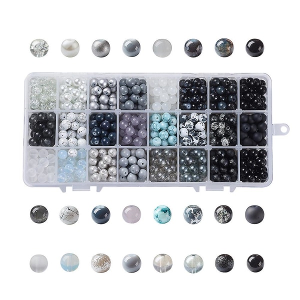 24 farger 8 mm runde glassperler, 720 stk svart hvit armbånd perler bulk marmor løse perler avstandsstykker for armbånd ørepynt halskjede smykker lage hallowe