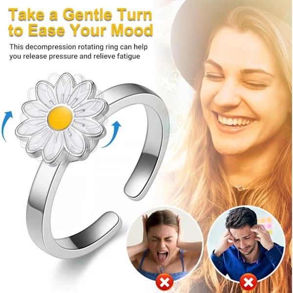 Ångestdämpande Fidget-ringar - Set med 6 justerbara stressreducerande ringar med sol, stjärna, måne, prästkrage och fyrklöver