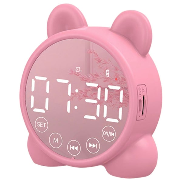 Barnalarmklocka Bluetooth-högtalare Sängbordsklocka, spegel Digital Timer, barns sömncoach Rosa