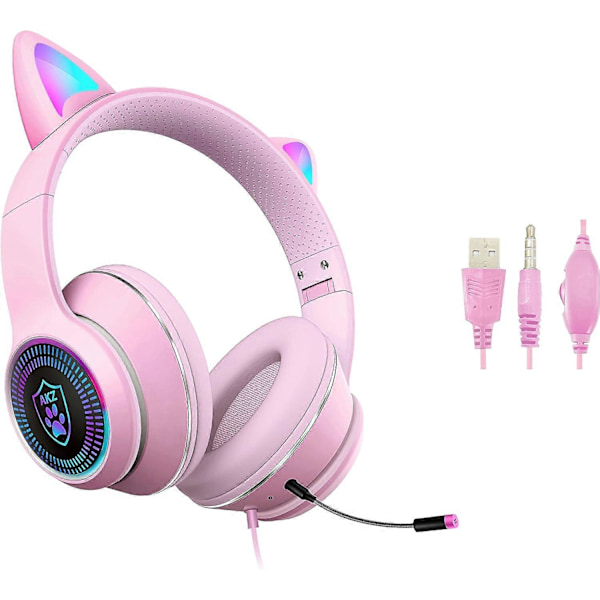 Spelheadset med kattöron och mikrofon, blinkande lysande stereohörlurar - Rosa