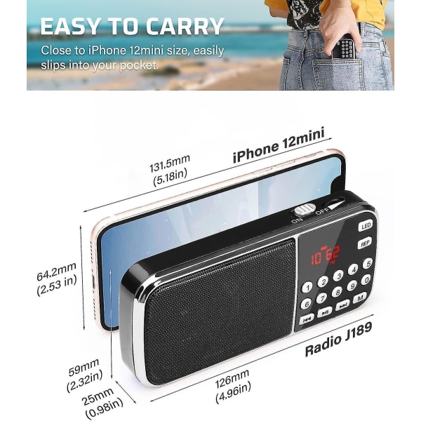 Liten radio med Bluetooth, bärbar radio med kraftiga bashögtalare, digitalradio med uppladdningsbart batteri, led ficklampa1191