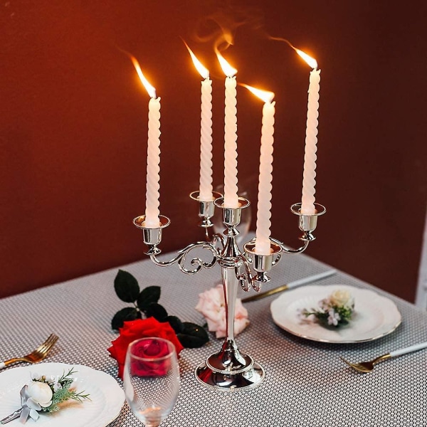 Hopeinen kynttilänjalka 5-vartinen kynttilänjalka, 27 cm korkea, kartiomainen kynttilänjalka pöydän keskiosille syntymäpäiväjuhlien hääruokapöytä joulukoristeita