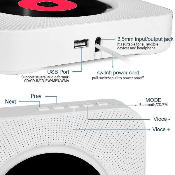 Bärbar Cd-spelare med Bluetooth - Väggmonterbar hemmaljud med FM-radio och fjärrkontroll