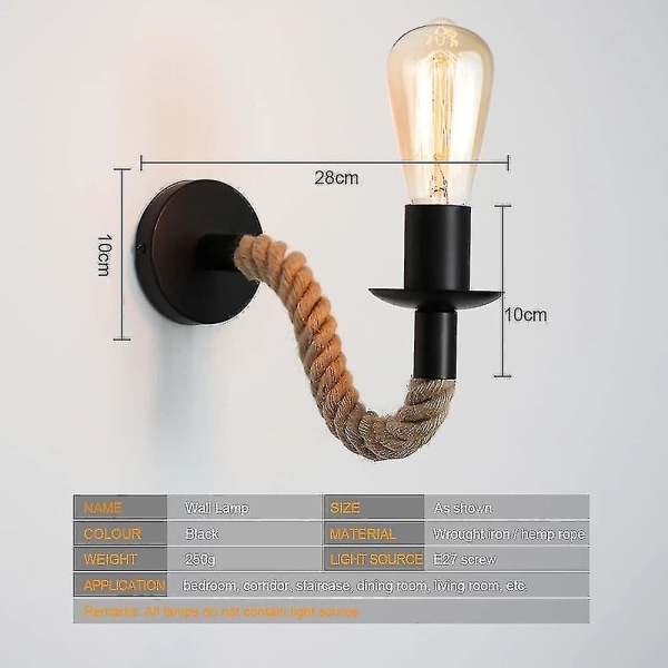 2 stk. Vintage hamp reb væglampe industriel væglampe ideel til loft gang eller soveværelse uden lyskilde XC