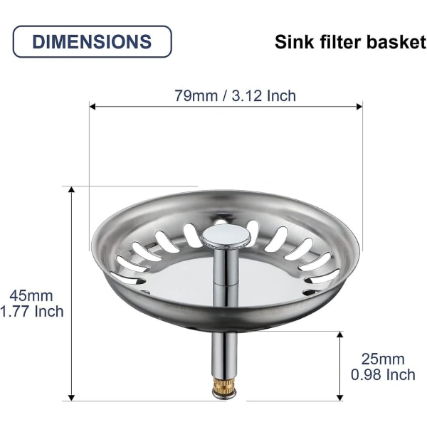 Keittiön tiskialtaan siivilä 79 mm, ruostumattomasta teräksestä valmistettu keittiön tiskialtaan tulppa, 2 keittiön tiskialtaan siivilä, tiskialtaan siiviläsuodatin säädettävällä korkeudella