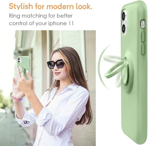 Skal för iPhone 11 med ringstativ | Supermjukt mikrofiberfoder | Anti-rep flytande silikon stötdämpande skal för iPhone 11, Matcha