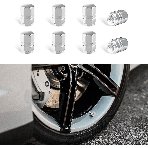 8 pakkauksen autonrenkaiden venttiilikorkit, alumiiniseoksesta cover cap kumirenkaalla, cover, universal , kuorma-autoihin, moottoripyöriin ja polkupyöriin (hopea)
