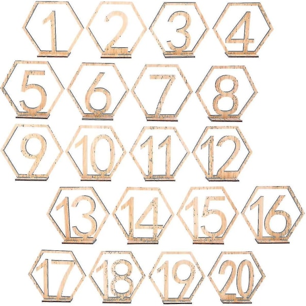 2024 Nytt 1 20 bordsnummer för bröllopsnummerhållare Träbröllop Rustika mittstycken Bordsskylt Bordsnummer Hållare Bas Hexagon träbord