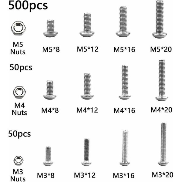 500 stk. bolte og møtrikker, M3 M4 M5 runde sekskant sokkelskruer, 8mm-20mm sekskant sokkelskruer og sekskantmøtrikker, rustfrit stål gevindbolt Cabl