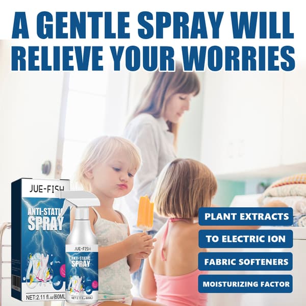 JUE-FISH Antistatisk Spray 60ml, Statisk fjerner til tøj, sengetøj, hår og dunjakker