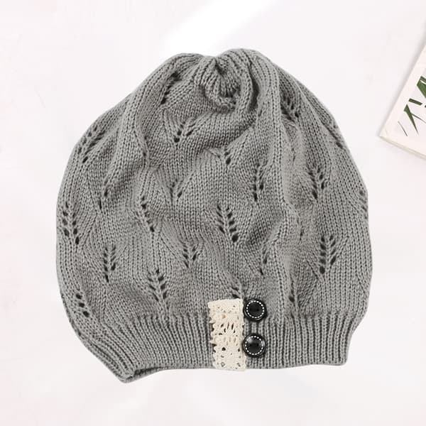 Strikket ullhatt med hule blader, blondeknapper, varm hatt for kvinner, pullover-beret Light gray