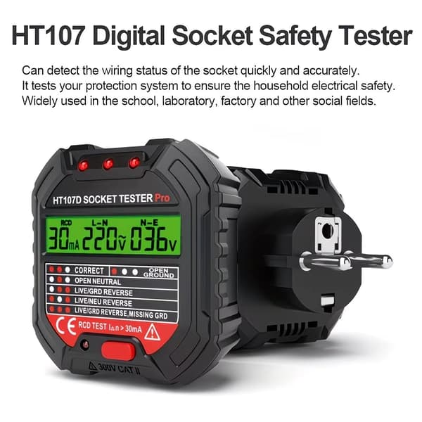 HT107 Digital Uttagssäkerhetstestare, Avancerad GFCI Uttagstestare med LCD-display, 30mA RCD-test