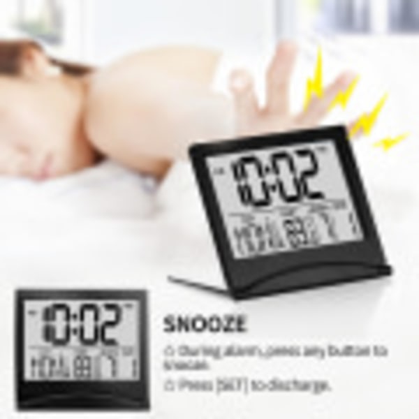 Digital Reseväckarklocka - Vikbar Kalender Temperatur Timer LCD-klocka med Snooze-läge - Stor Digital Display, Batteridriven Bordsklocka