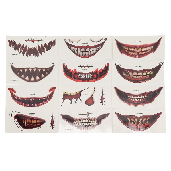 12 ark Halloween ansiktstatoveringsklistremerke arr blodige midlertidig vanntett sminke med stor munn tatoveringer