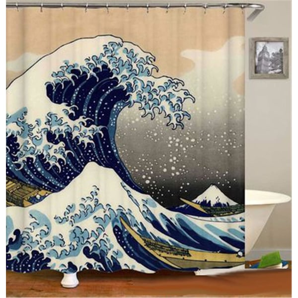 Japansk Wave bruseforhæng Kanagawa Wave Nautical Stof Bruseforhæng Sæt  Badeværelsesindretning med kroge Vandtæt Vaskbar 1 . 4603 | Fyndiq