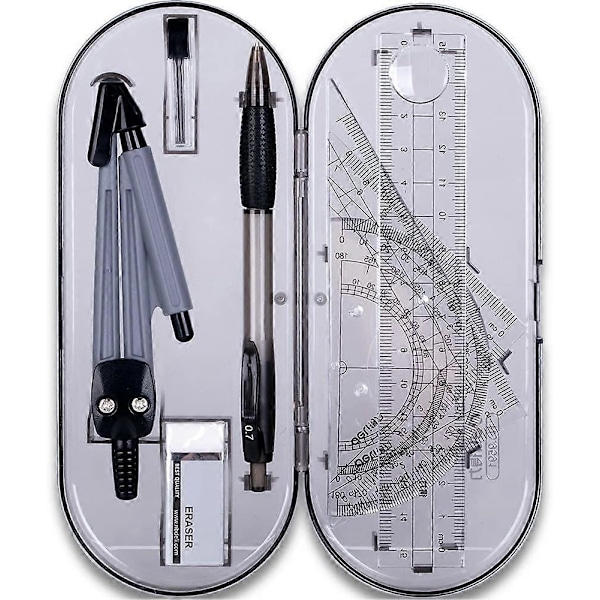 Geometriasarja 8 osaa, opiskelijatarvikkeet, iskunkestävä säilytyslaatikko, sisältää viivottimet, kulmamitan