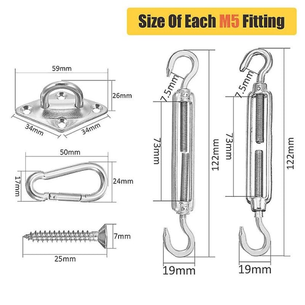 Kvadratisk solseil 304 rustfritt stål tilbehør utendørs solseil skrue diamantsett