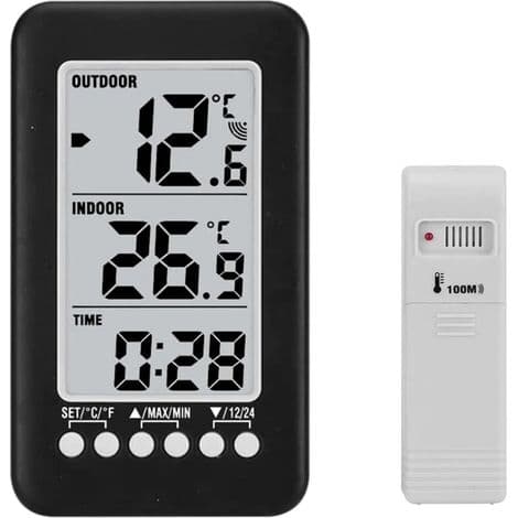 2-i-1 trådløst indendørs og udendørs termometer, LCD termometerur, temperaturmåling med sender. Sort design.