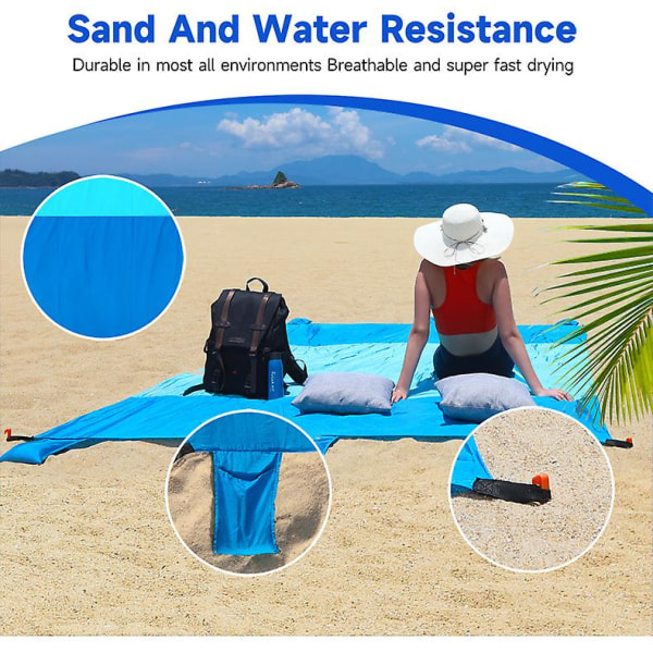 210x210 cm strandmåtte Picnic-tæppe med 4 pæle Vandtæt, sandtæt bærbar, ultra let nem at pakke