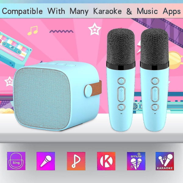 Karaokemaskine til børn med 2 trådløse mikrofoner, bærbar karaokemaskine med Bluetooth til børn, voksne, stemmeskiftende effekter og LED-lys