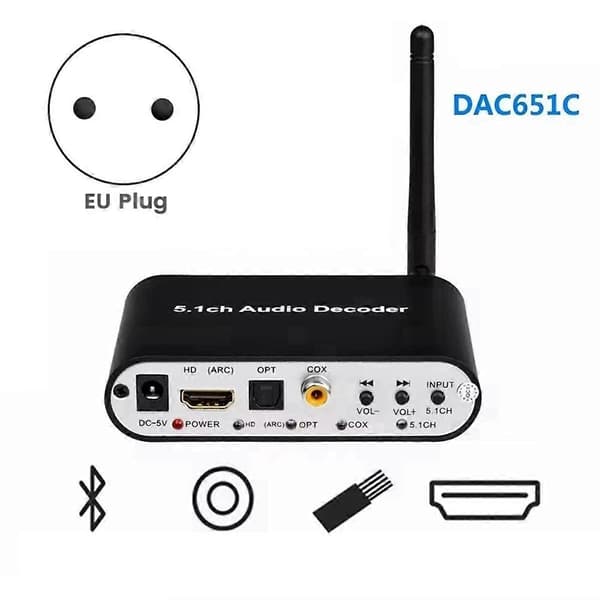 DAC651C 5.1 Audio Dekoder Bluetooth 5.0 Mottaker DTS AC3 FLAC APE HD til Kompatibel Ekstraktor Omformer EU-plugg