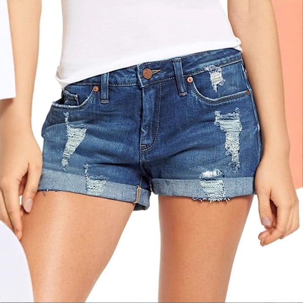 Rippade denimshorts för dam med elastisk fåll --- mörkblå (Storlek XL)