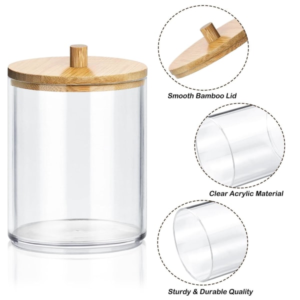Pakke med 3 beholdere til vatpinde i akryl, opbevaring af bomuldspuder med bambuslåg, holder til vatpinde, beholder til vatpinde, dispenser til bomuldspuder til Li
