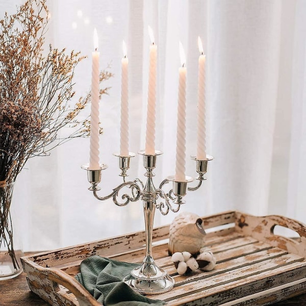 Hopeinen kynttilänjalka 5-vartinen kynttilänjalka, 27 cm korkea, kartiomainen kynttilänjalka pöydän keskiosille syntymäpäiväjuhlien hääruokapöytä joulukoristeita