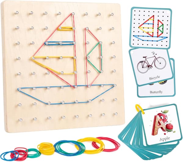 Træ Geoboard med Elastikker Pædagogisk Legetøj Børn 3+