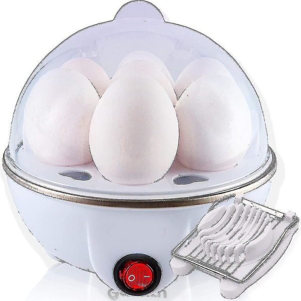 Elektrisk ægkoger kedelmaskine - blød, medium eller hård koge, 7 æg kapacitet, støjfri teknologi, automatisk sluk, hvid med æggeskærer medfølger