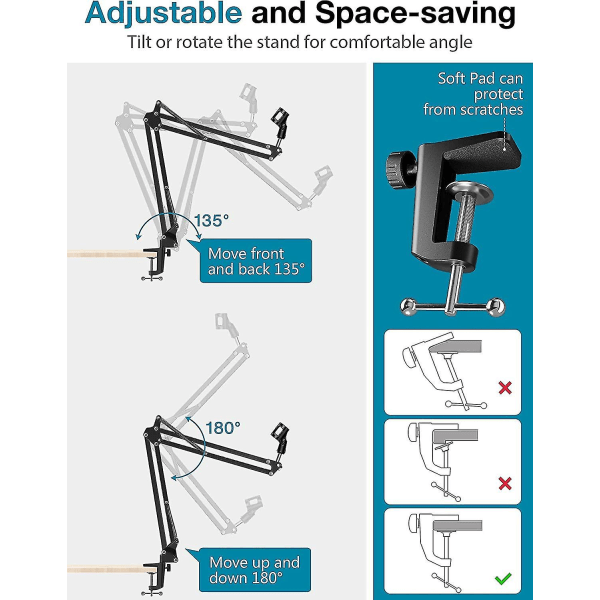 Mikrofonarm, Uppgraderad mikrofonarm mikrofonstativ bomupphängningsstativ med 3/8\" till 5/8\" skruvadapterklämma för Blue Yeti Snowball, Hyperx Quadcast,