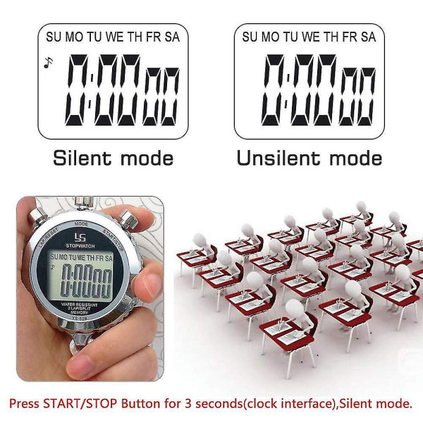 Sekuntikello metallinen sekuntikello, taustavalaistu 1/100 sekunnin tarkkuus 2 kierroksen muistilla digitaalinen watch