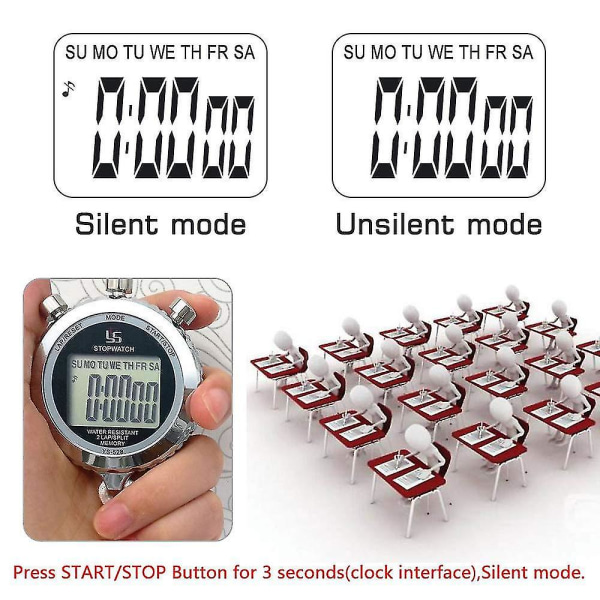 Stopur Metal Stopur Timer med baggrundsbelyst 1/100. sekund Precision 2 Lap Memory Digital Stopur
