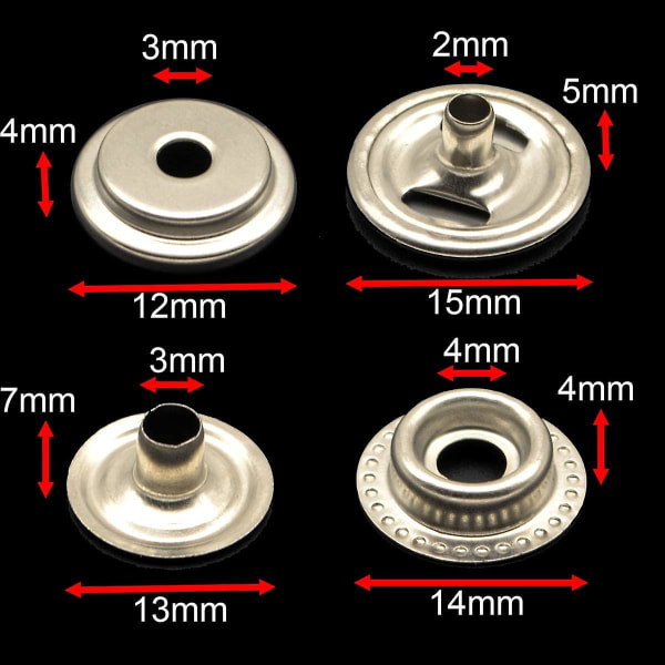 100 stk. 15 mm rustfrit stål tryklås trykknap hætte knap marine båd lærred line 24 (4 komponenter, 5 stk. for hver)