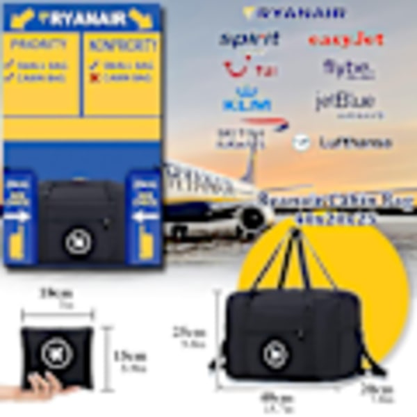 Ryanair-godkänd kabinväska i storlek 40x20x25cm, hopfällbar bagageväska, reseväska för under sätet