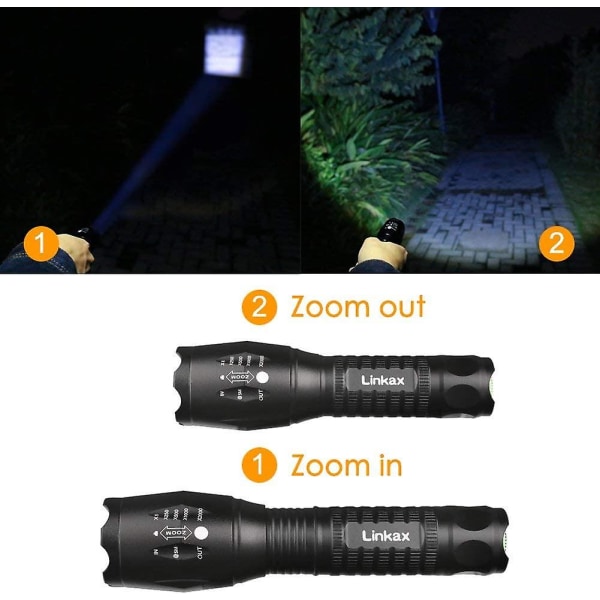 Ledlampa, handhållen ficklampa med justerbar fokus Super ljus 800 lumen ficklampa Zoombar och vattentät camping utomhusfackla - 3 x Aaa batterier