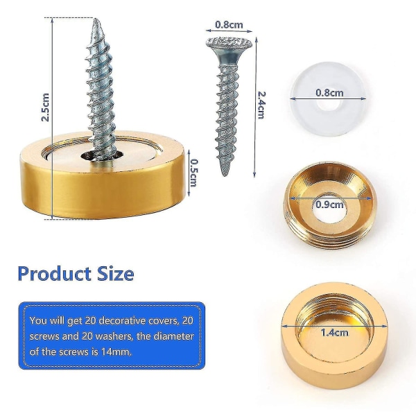 20 stk 14mm speilskruer, børstet rustfritt stål skruehetter med dekorativt lokk for speil, bord, badeplater, skap, glasspaneler (gull)