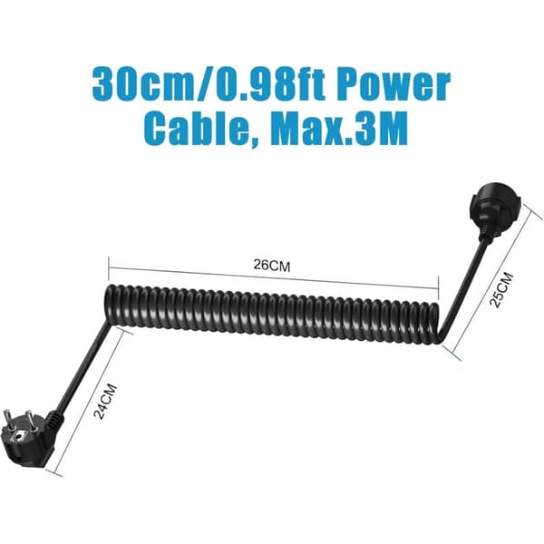 Svart infällbar Schuko spiralkabel 0,6-2M 3×1,0mm² 230V 16A IP20
