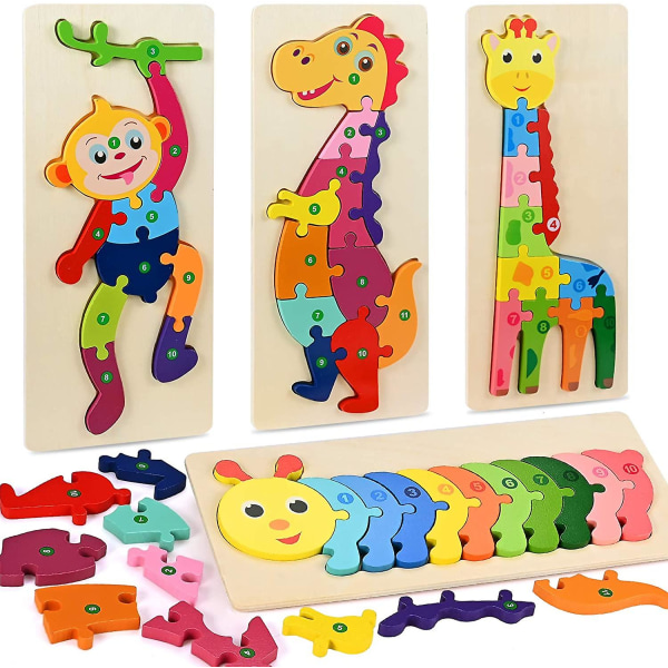 4 Pack Wooden Puzzle Toys Animals, Educational Gift For Toddlers, Present