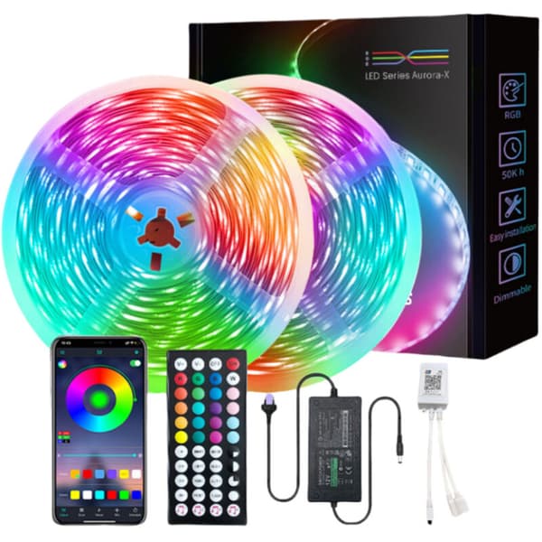 2 ruller × 10M 5050 RGB LED-stripe, Bluetooth stemme musikksynkronisering, EU-plugg