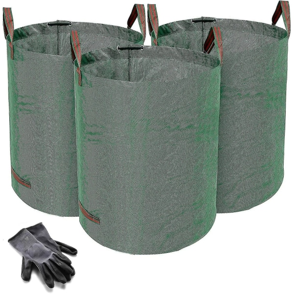 Heavy Duty hageavfallsposer - 272 liter - 3 sekker - Bonus 1 par hagehansker - Industrielt stoff og håndtak - Grønn/hageavfallssekker, gjenbrukbar
