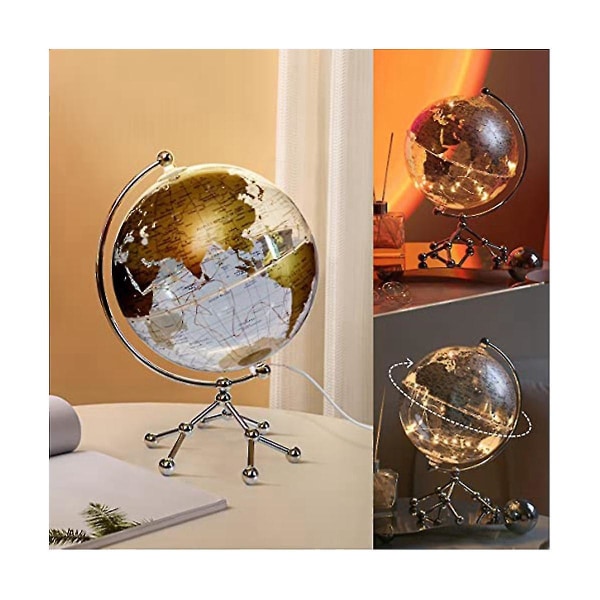 8 tommer verdensglobe, oplyst verdensklode med metalstativ, pædagogisk interaktiv globe, LED-globelampe
