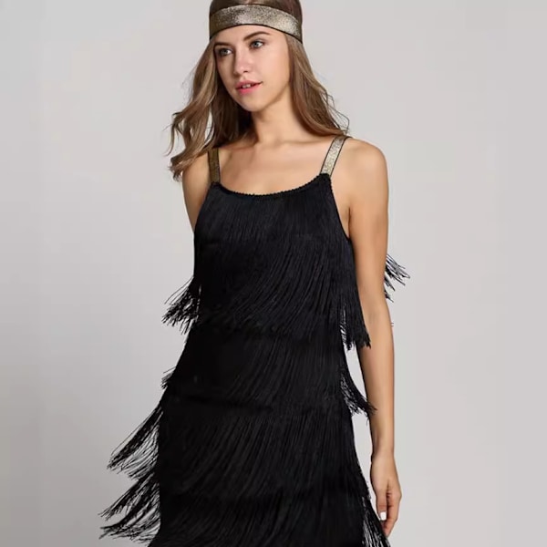 Great Gatsby Kjole 1920'er Fest Vintage Frynser Damekjole Sort XXXL