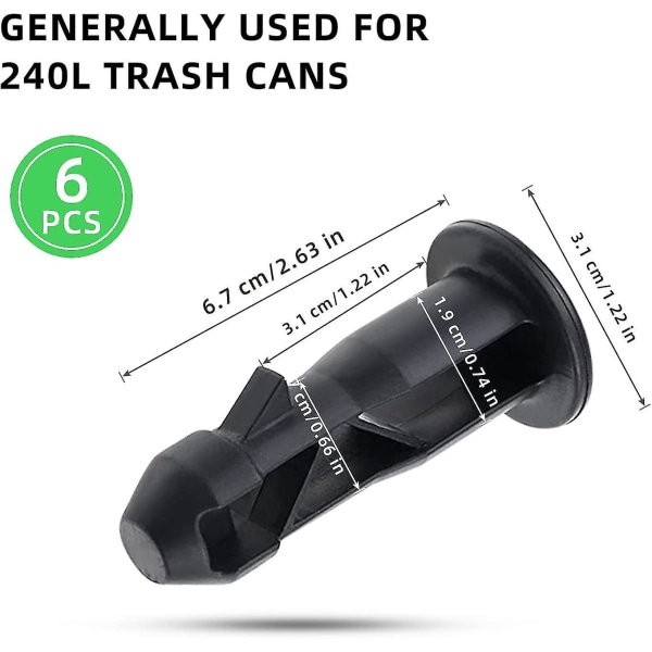 3 par hjulburkslockstift, 67 mm x 31 mm svart plast, passar till 240 liters hushållsavfallskärl