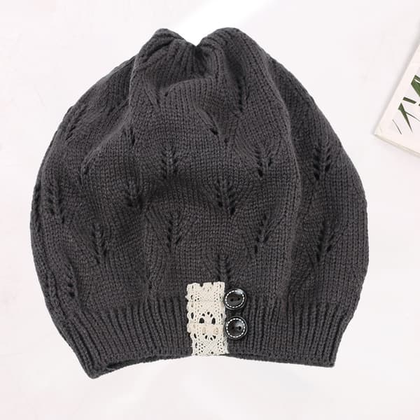 Strikket ullhatt med hule blader, blondeknapper, varm hatt for kvinner, pullover-beret Dark gray