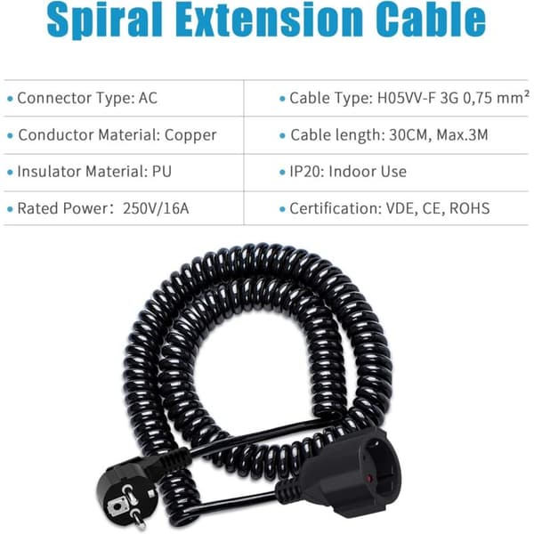Svart infällbar Schuko spiralkabel 0,6-2M 3×1,0mm² 230V 16A IP20
