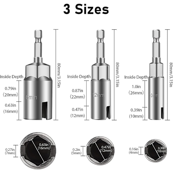 3-pack Hexskaft Mutterdragare, 1/4\" Hexskaft Power Wing Mutterdragare Set, Spårad Wingmutterkrok Borrbit Socket Nyckel Panelmutter Skruvverktyg Öga C-krok B
