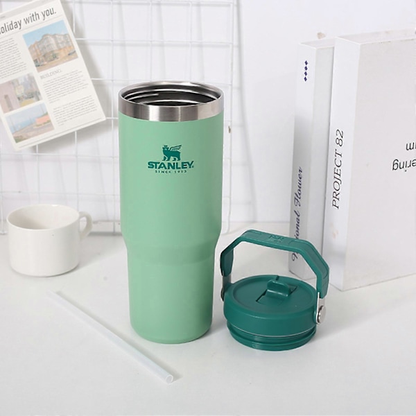 30oz Halm Tumbler Rustfrit Stål Vakuum Isoleret Kop Lækagesikker Stor Kapacitet Termokrus til Hjem Kontor Hvid